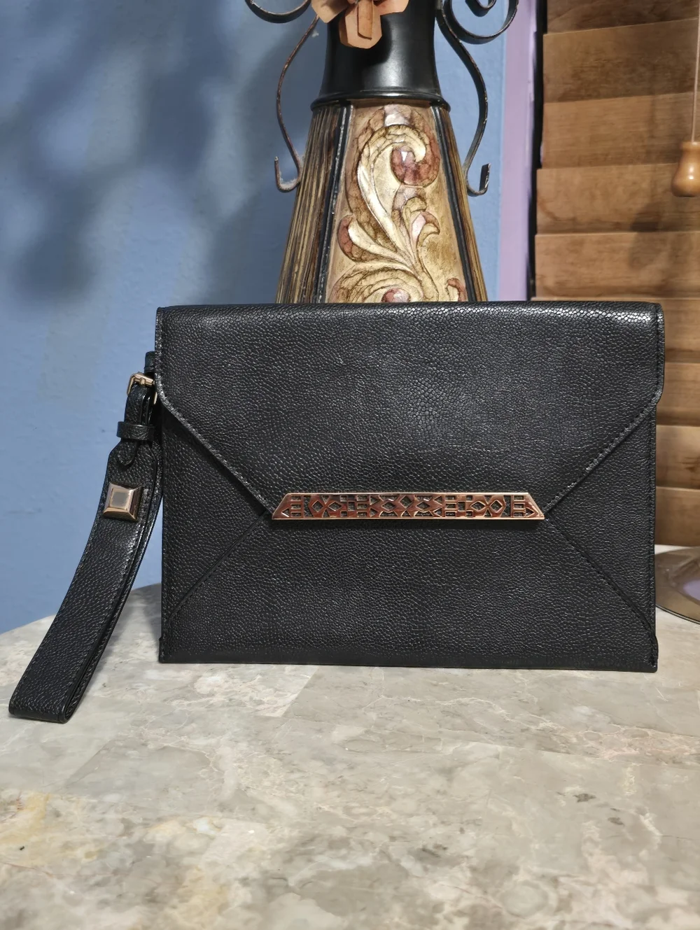 Stella & Dot Avalon Black Envelope Clutch Wristlet w/ Rose Gold Metal Accent